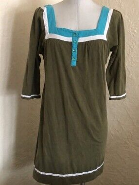 Roxy Olive Teal Long Sleeve Square Neck Mod Geometric Cotton Mini Dress, Medium